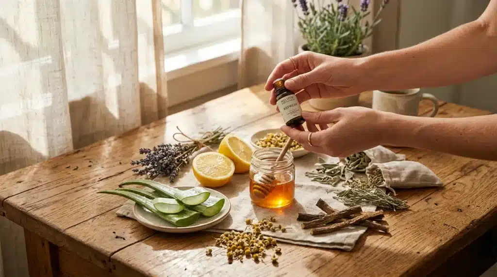 Mains versant huile essentielle avec plantes médicinales et citron