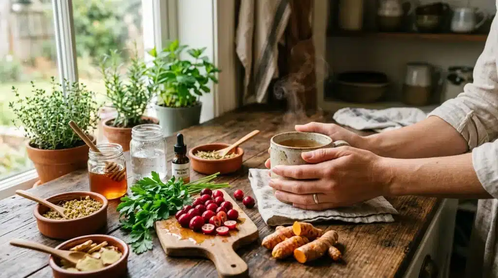 Personne préparant une boisson santé avec herbes et ingrédients naturels