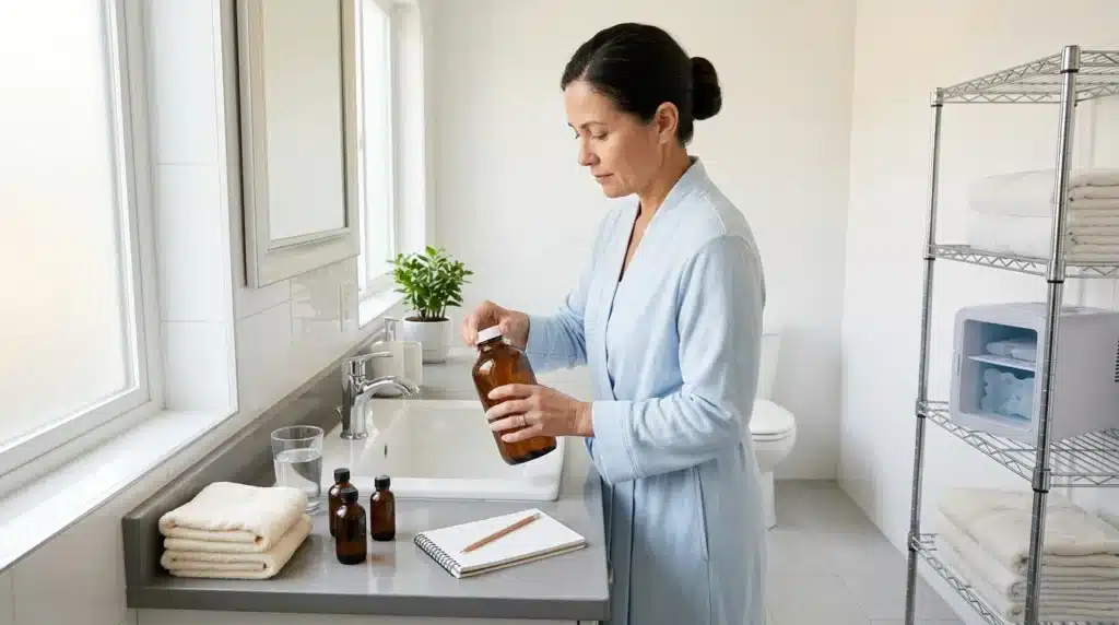 Femme tenant flacon brun dans salle de bain moderne et lumineuse