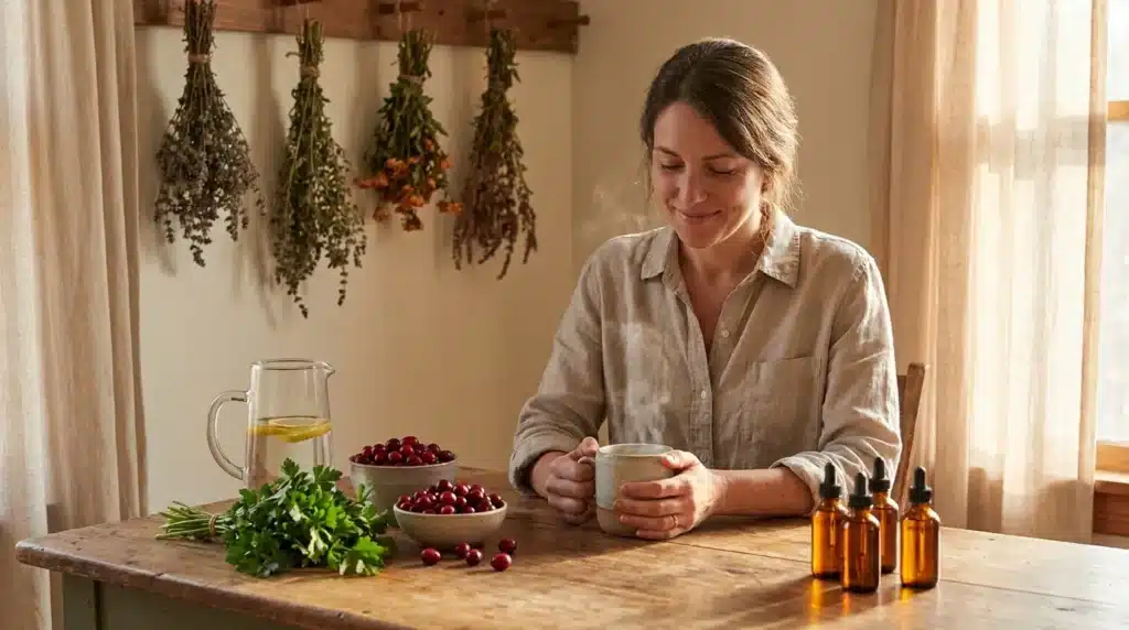 Femme préparant des tisanes avec herbes et fruits rouges