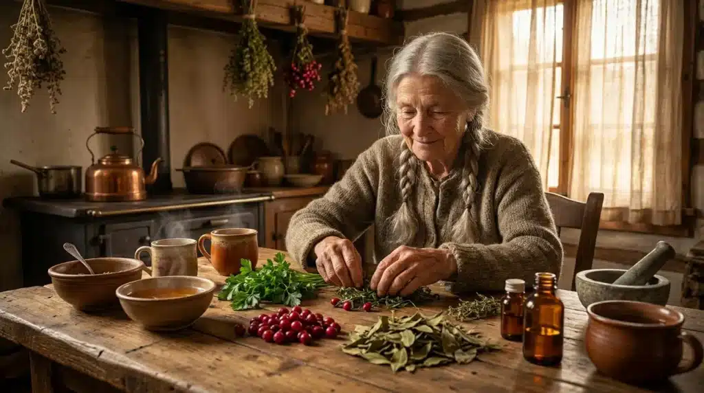 Femme âgée préparant des herbes médicinales dans une cuisine rustique