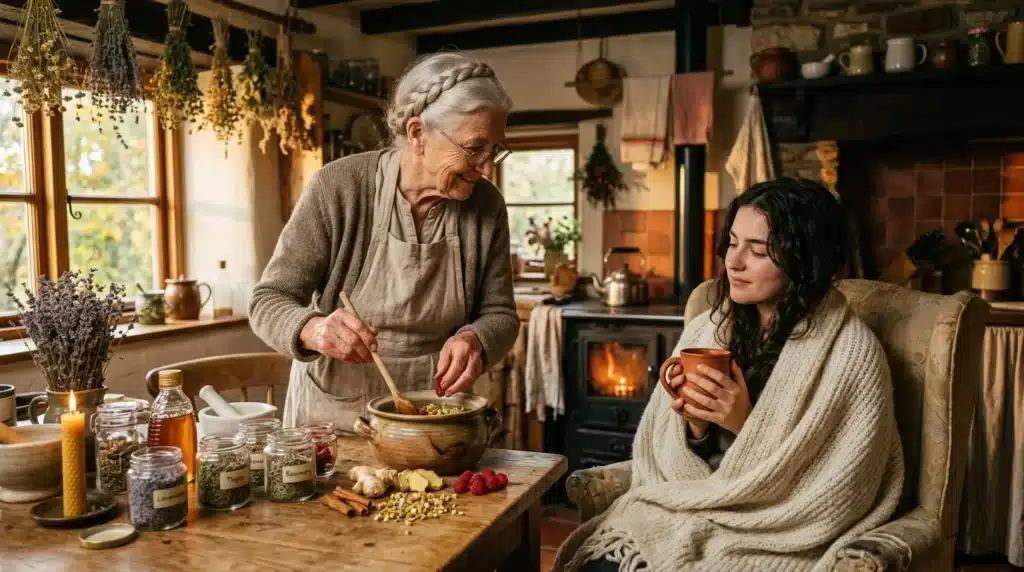 Grand-mère prépare une tisane tandis qu'une jeune femme l'observe