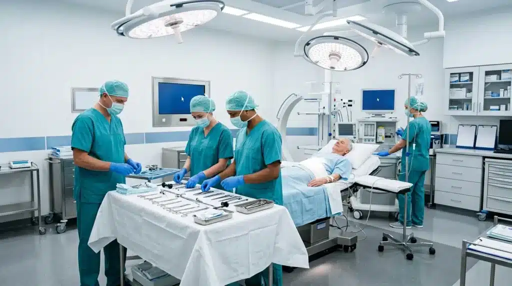 Chirurgiens préparant instruments avant opération chirurgicale