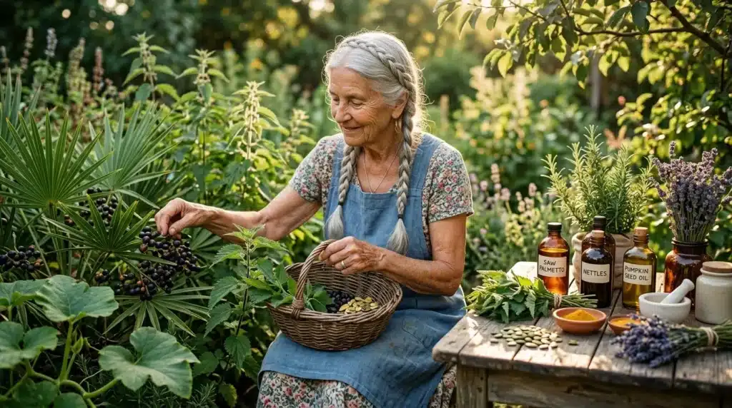 Femme âgée récolte des baies noires dans un panier au jardin.