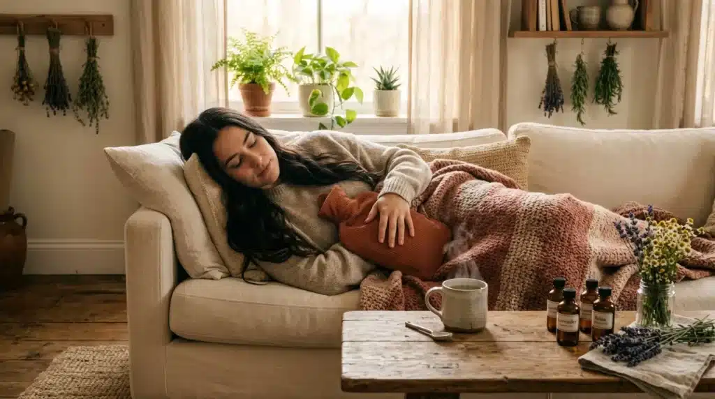 Femme enceinte reposant sur canapé dans intérieur végétal