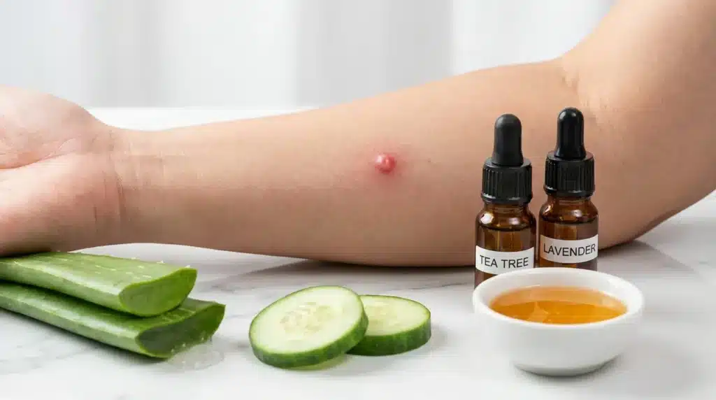 Bras avec acné, huiles essentielles, aloe vera et concombre