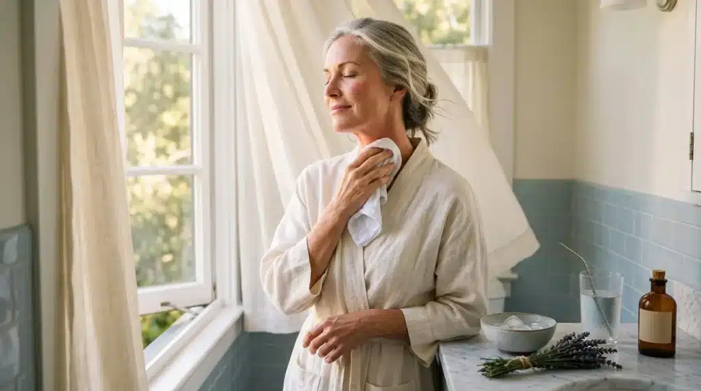Femme appliquant soin visage près fenêtre lumineuse