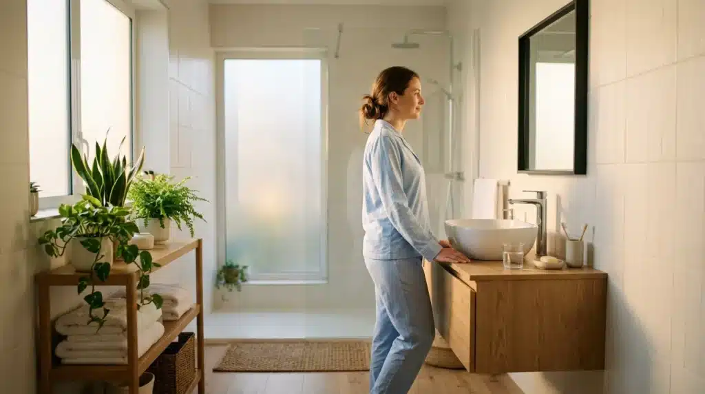 Femme dans une salle de bain contemporaine avec plantes vertes