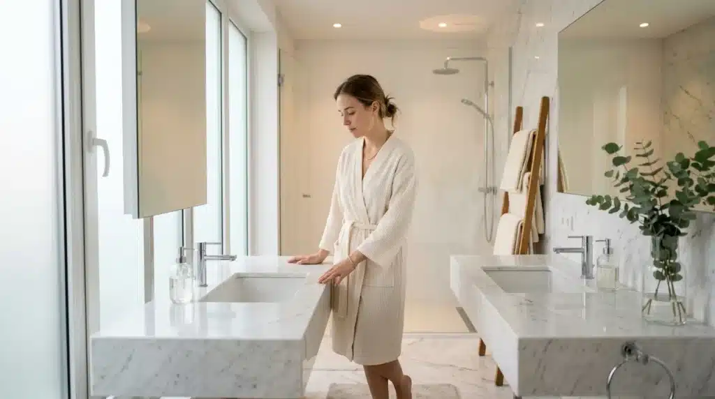 Femme dans salle de bain blanche luxueuse et épurée