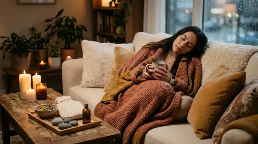 Femme relaxée sur canapé avec boisson chaude et bougies allumées