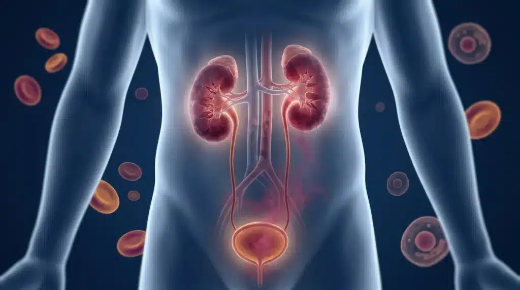 Illustration médicale des reins, vessie et globules rouges circulants.