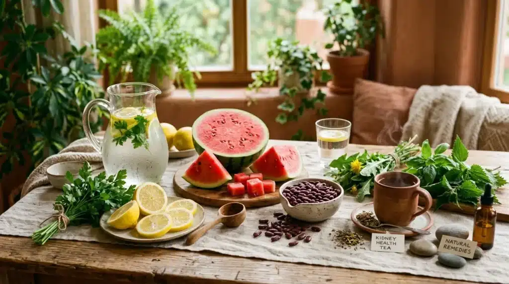 Table avec fruits frais, herbes, thé et remèdes naturels