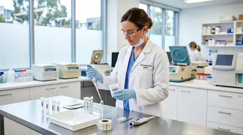 Laborantine prélève un échantillon avec pipette en laboratoire