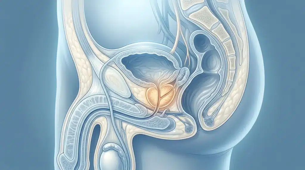 Coupe sagittale montrant la prostate et l'appareil urogénital