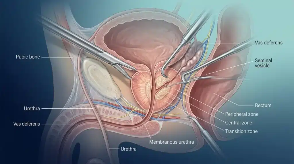 Coupe transversale de la prostate avec structures urogénitales