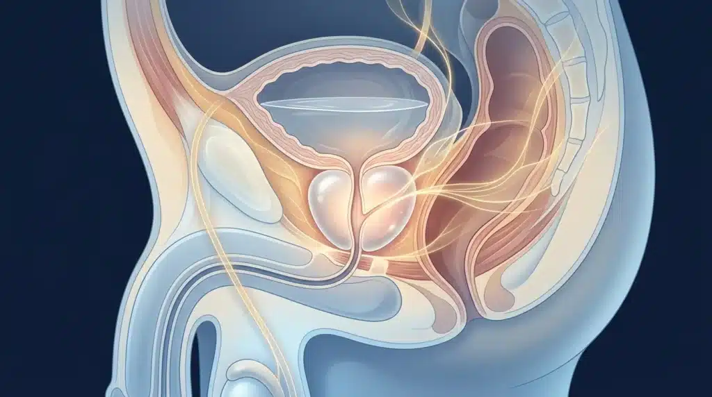 Illustration médicale coupe sagittale anatomie prostate testicules