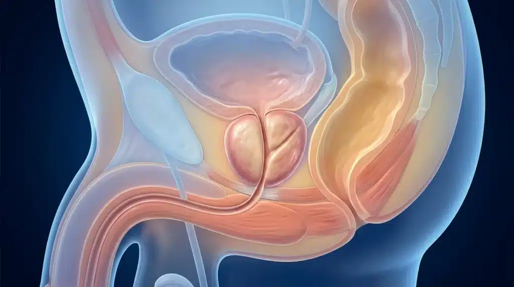 Illustration médicale colorée de la prostate et organes urinaires