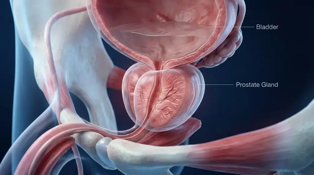 Illustration 3D de la vessie et de la prostate chez l'homme