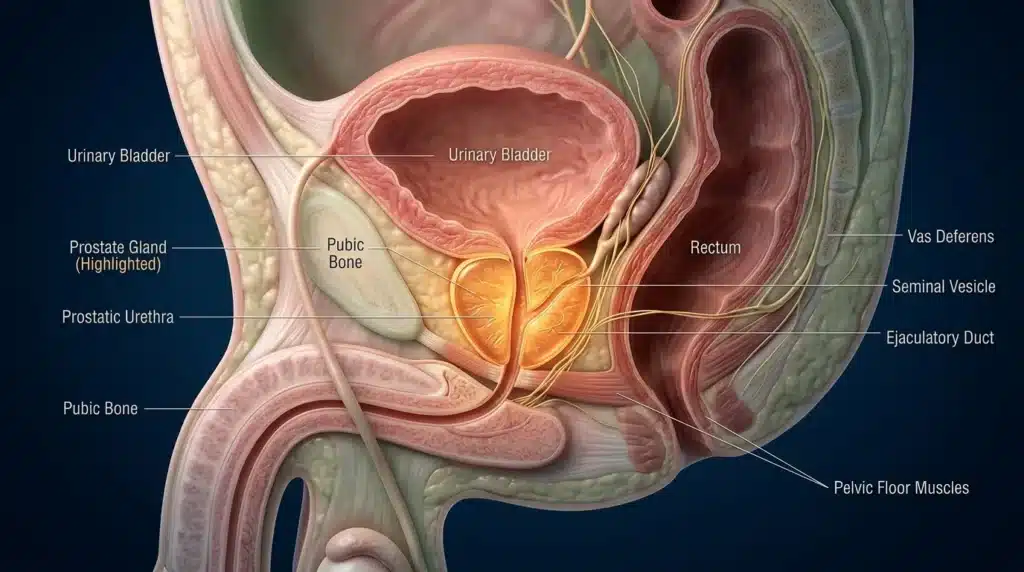 Coupe sagittale montrant la prostate, vessie et structures pelviennes