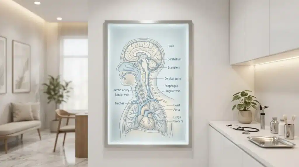 Diagramme anatomique du corps humain éclairé dans un cabinet médical moderne