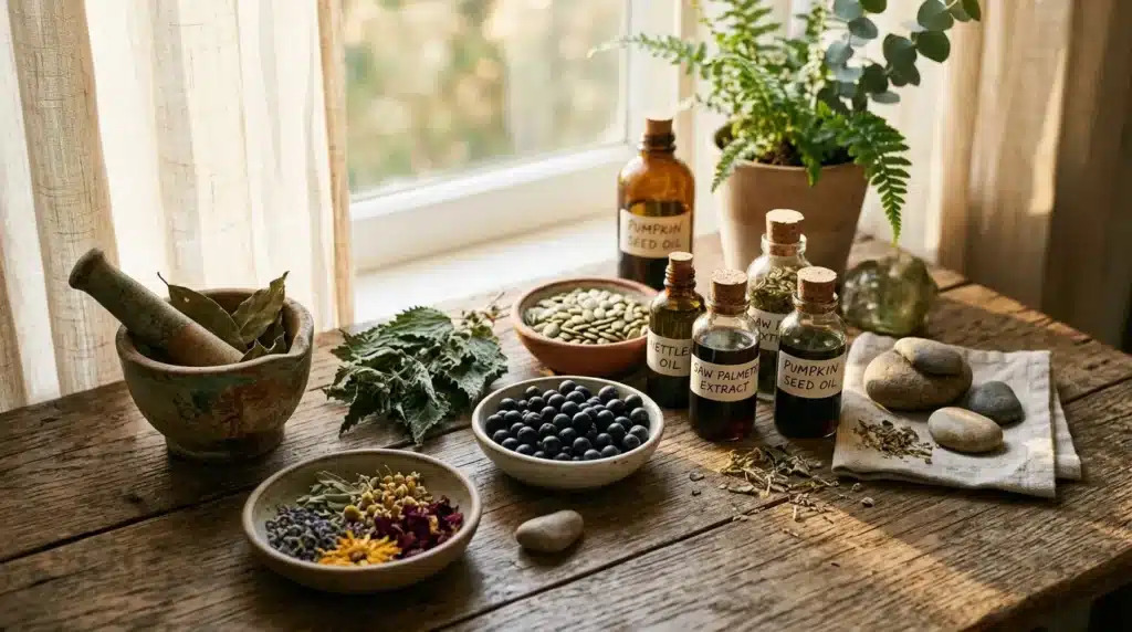 Herbes, huiles essentielles et ingrédients naturels sur table en bois