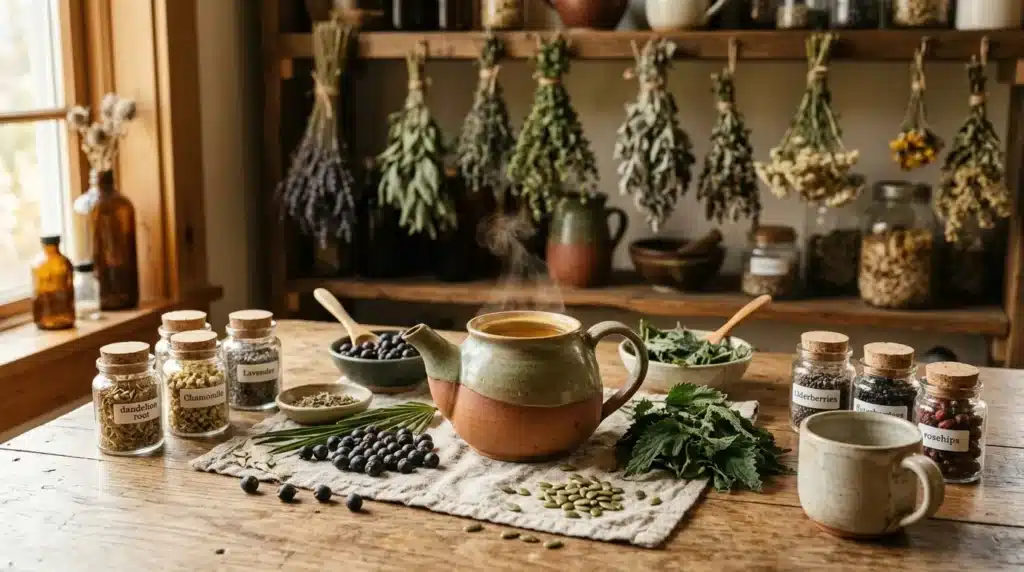 Table d'herboristerie avec potions, plantes séchées et ingrédients naturels
