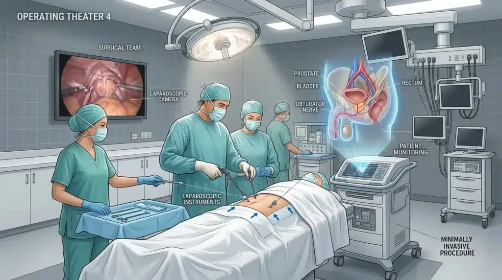 Équipe chirurgicale réalisant une intervention laparoscopique minimalement invasive.