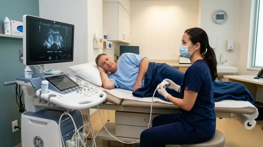 Médecin effectuant une échographie prostate sur patient