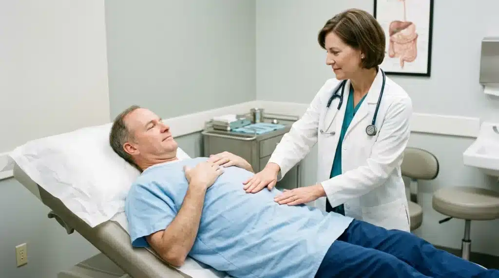 Médecin examinant l'abdomen d'un patient allongé