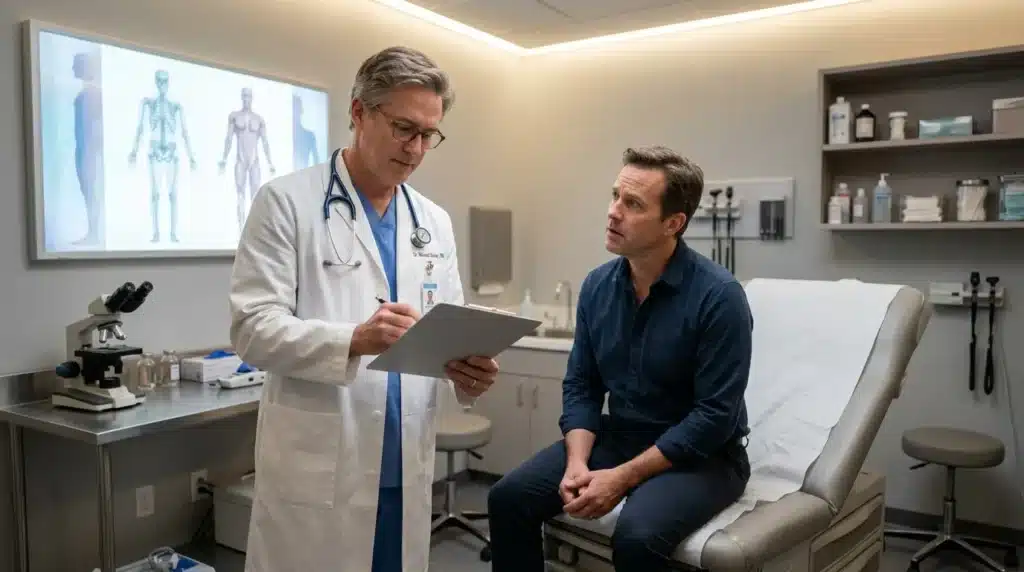 Médecin consulte patient assis sur lit d'examen