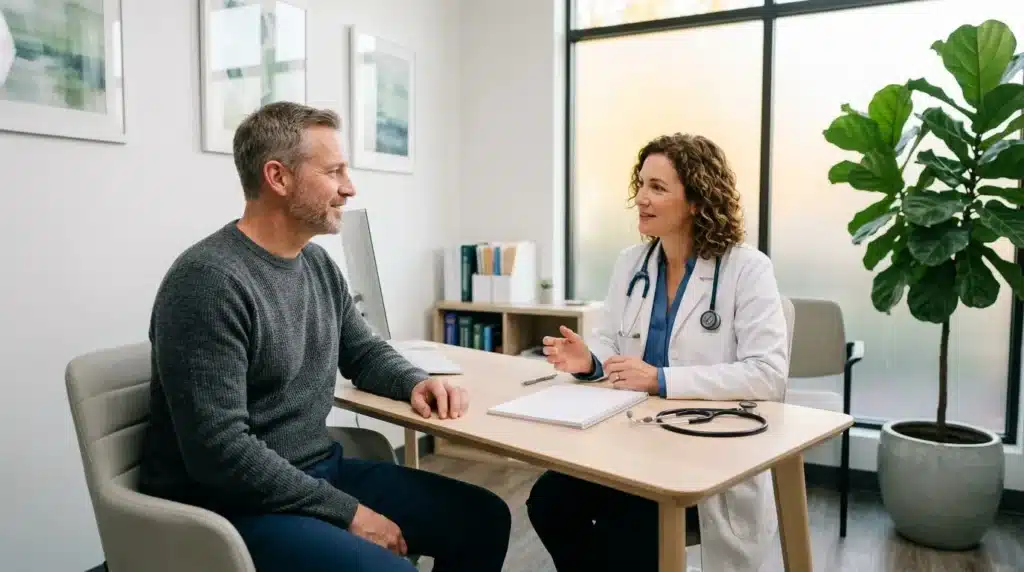 Médecin et patient en discussion dans un cabinet moderne