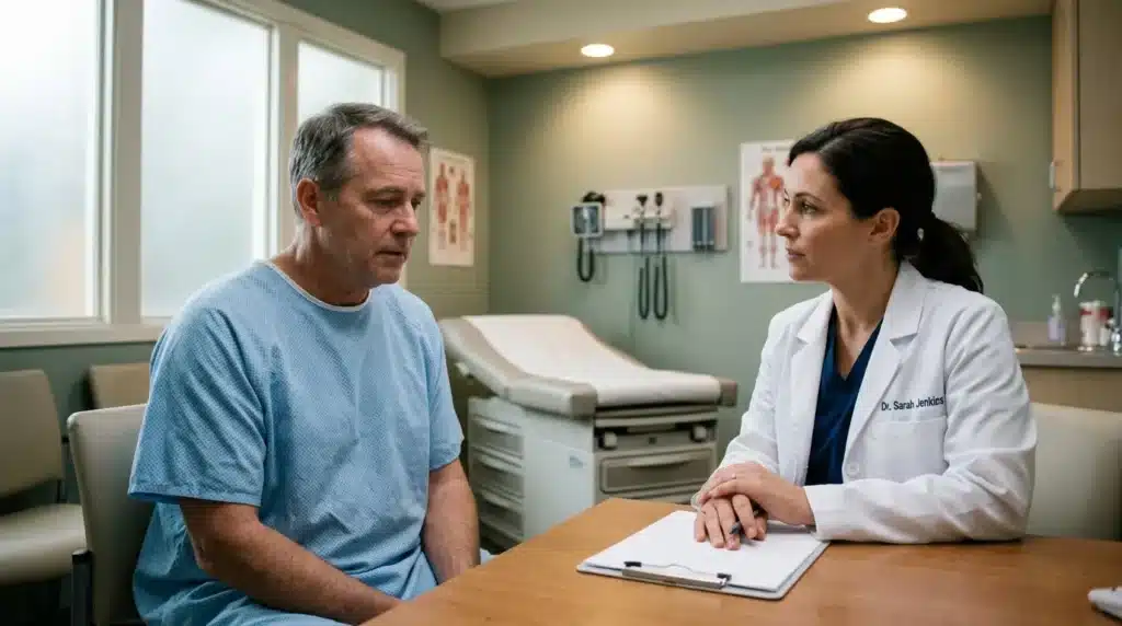 Médecin discutant avec patient assis au bureau