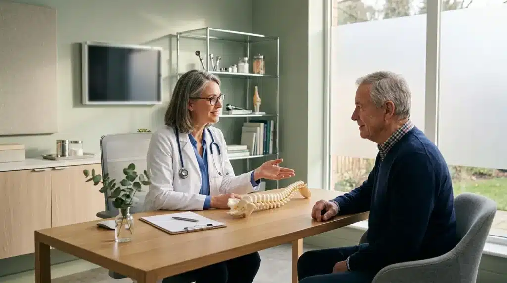 Médecin expliquant la colonne vertébrale à patient senior