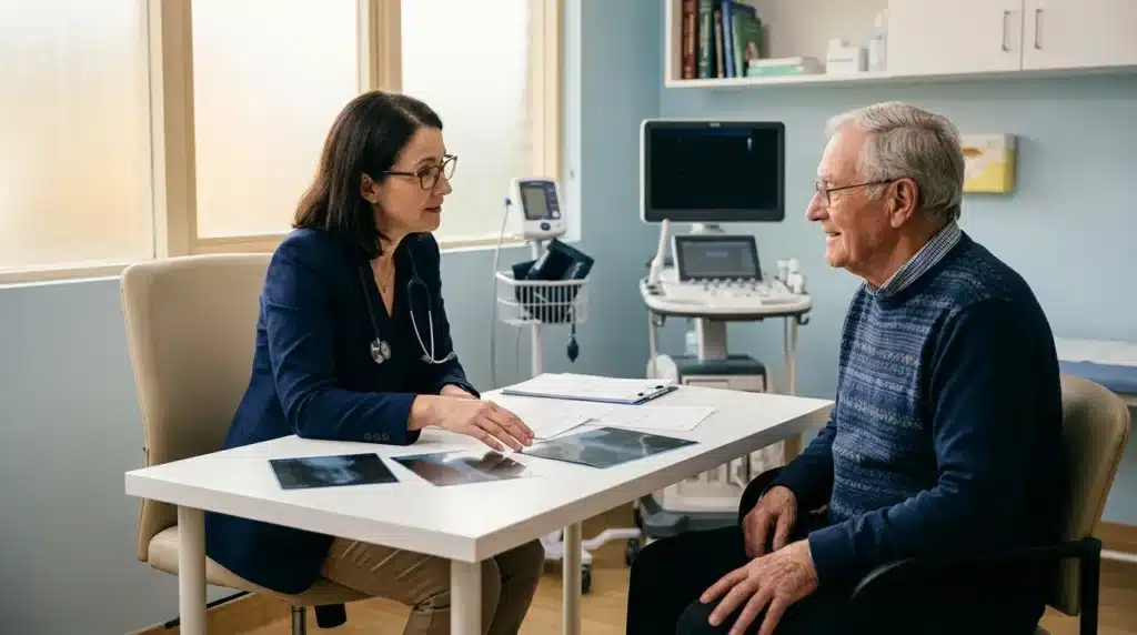 Médecin et patient en consultation, examens médicaux affichés