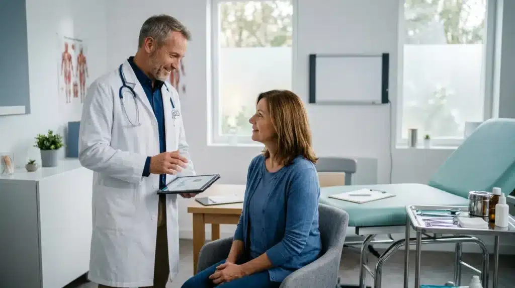 Médecin montrant des résultats sur tablette à une patiente assise