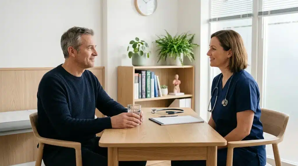 Médecin en consultation avec un patient dans un bureau moderne