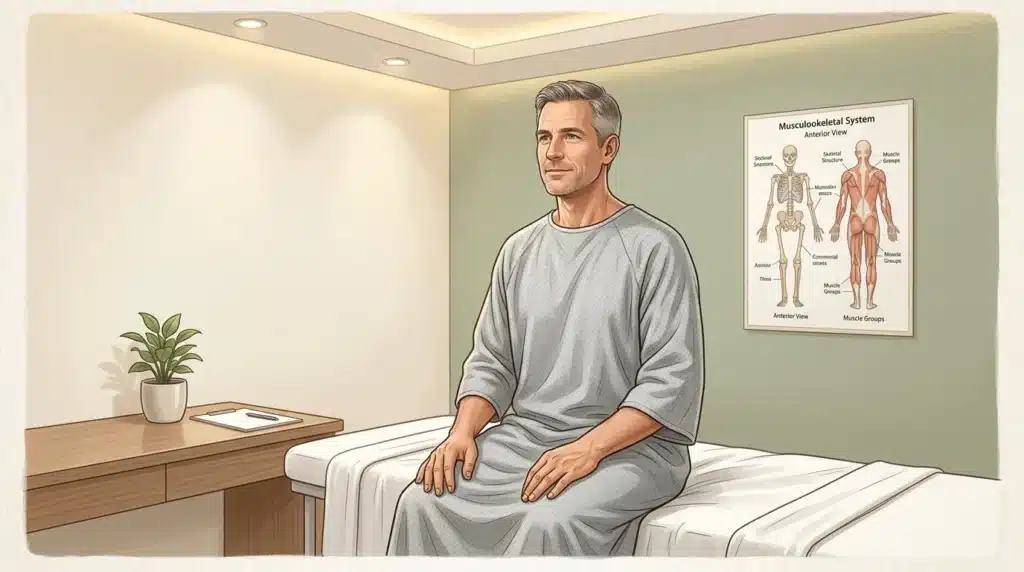 Patient assis sur lit d'examen dans cabinet médical moderne