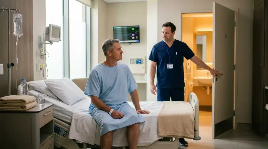 Médecin en blouse bleue discutant avec patient assis sur lit