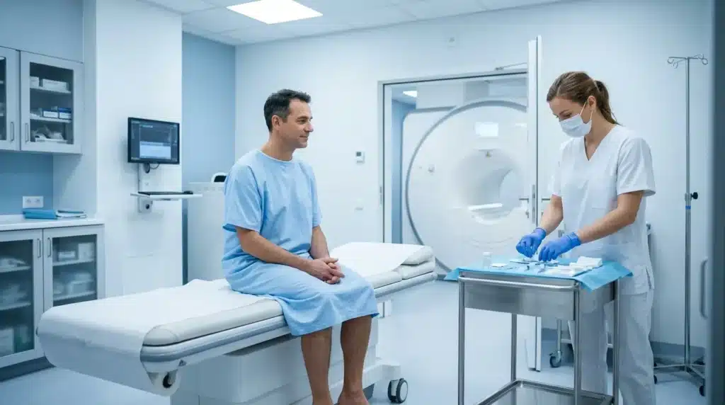 Patient en blouse bleue et infirmière masquée en consultation médicale