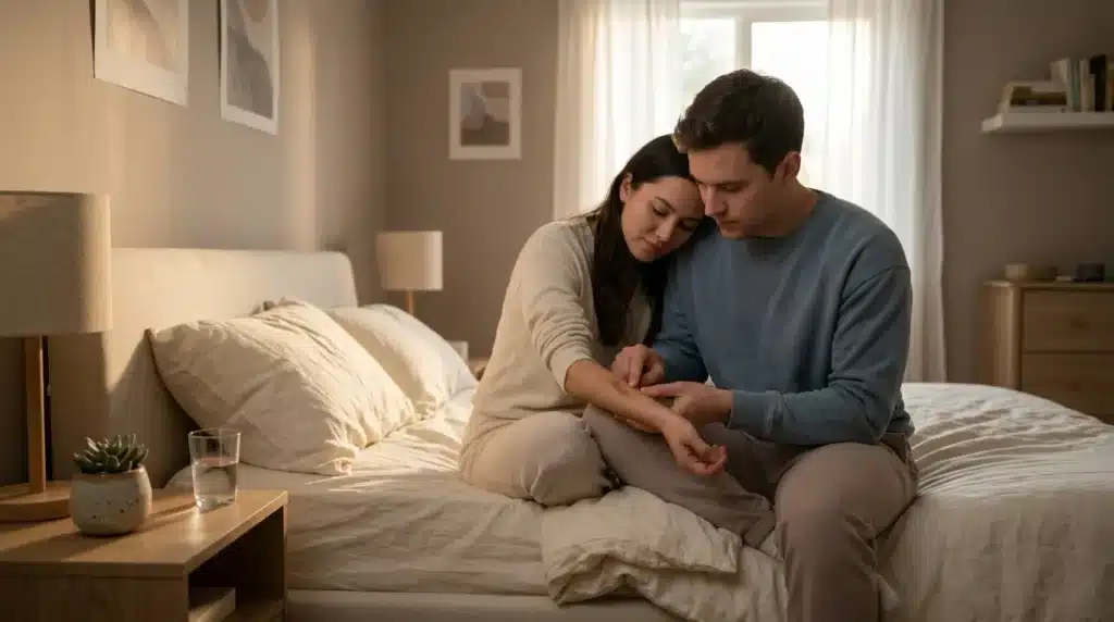 Couple dans une chambre regardant un test de grossesse ensemble
