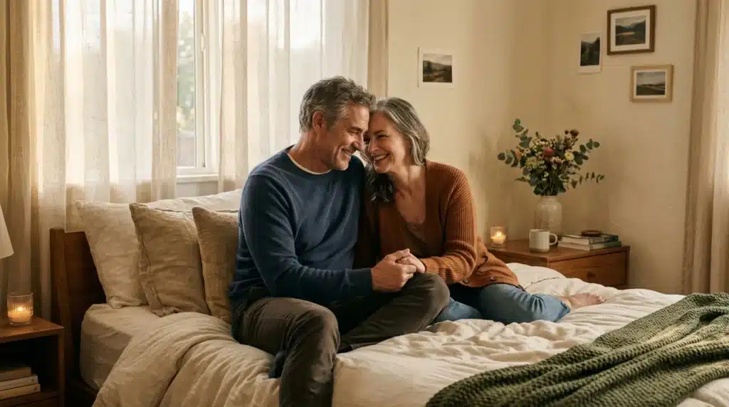 Couple souriant assis sur un lit dans une chambre lumineuse