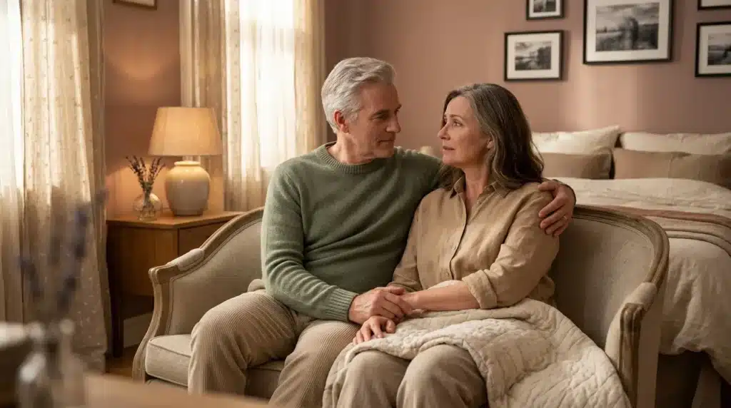 Couple âgé assis sur un lit, se tenant la main tendrement