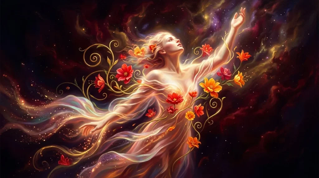 Femme lumineuse entourée de fleurs rouges et dorées