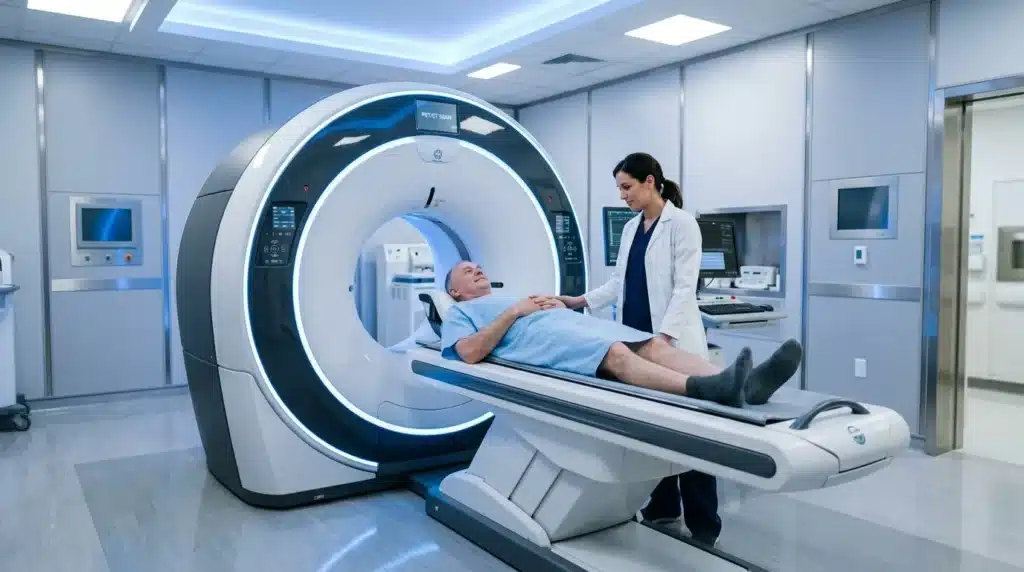 Technicien médical supervisant patient en scanner IRM moderne