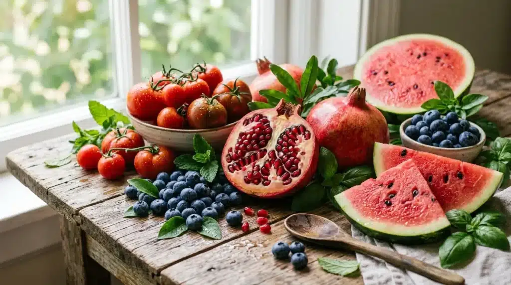Assortiment de fruits frais: tomates, pastèques, grenade, myrtilles
