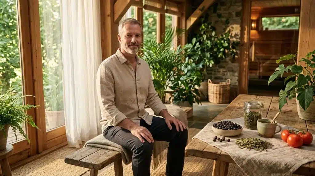 Homme assis dans une serre avec plantes et récolte
