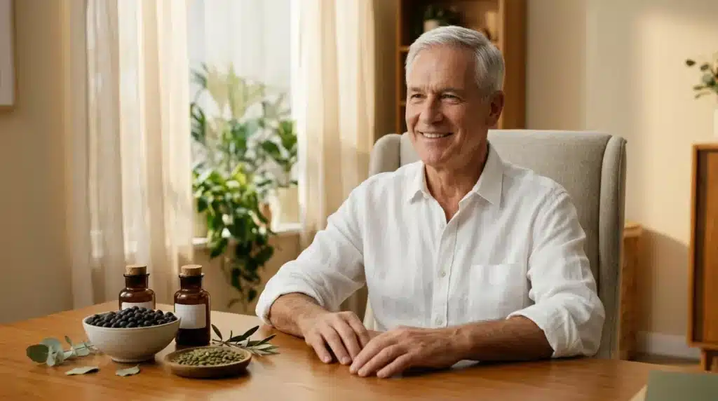 Homme âgé souriant assis devant des produits naturels et olives