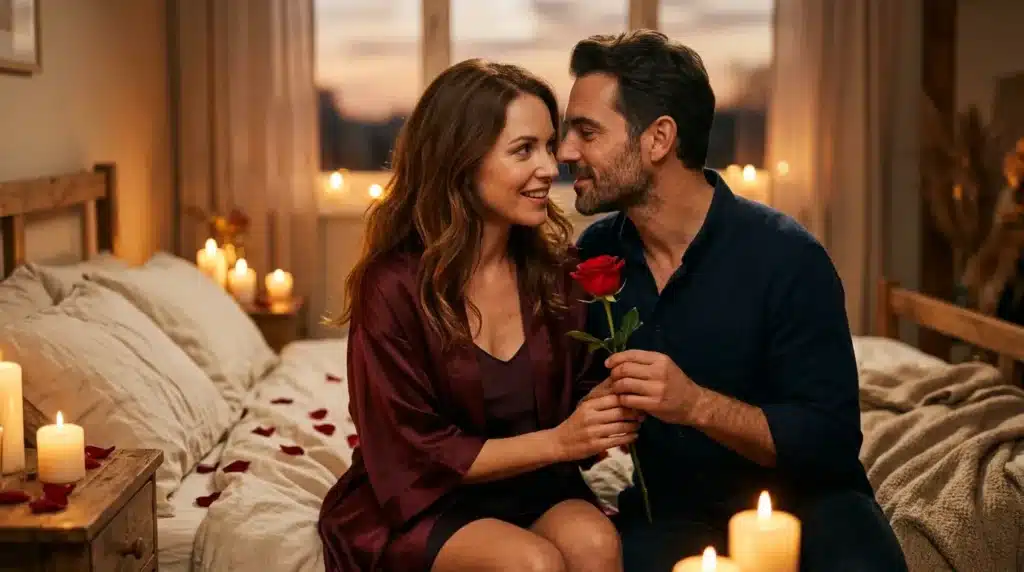 Couple au lit partageant une rose rouge à la lumière des bougies