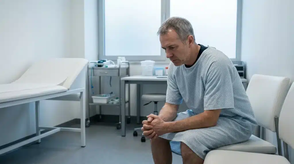 Homme assis seul dans une salle d'examen médicale