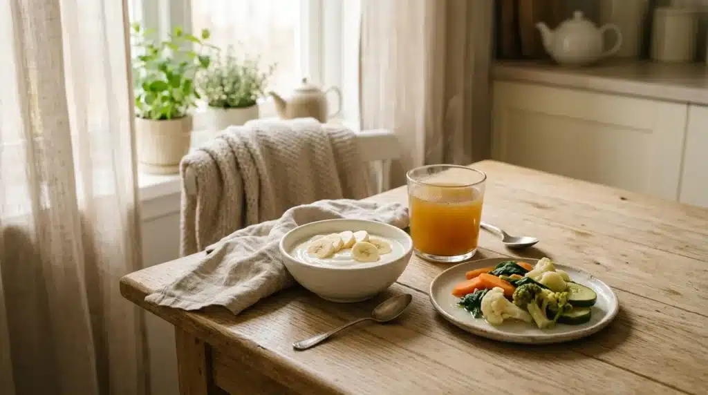 Table avec petit-déjeuner: yaourt, fruits, légumes, jus